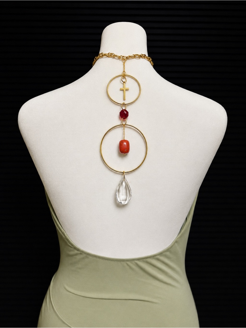 Gold and Red Statement Back Necklace - Women Jewelry